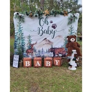 Oh Baby Forest Bear Deer Baby Shower Backdrop Lot‎ Gender Neutral 6x8ft & Decor